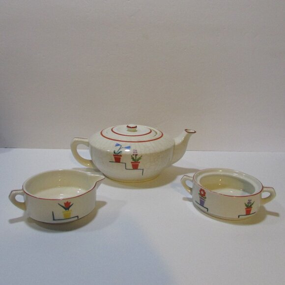vtg MCM flower design teapot creamer sugar all in one Jubilee tea set Japan - Picture 5 of 8